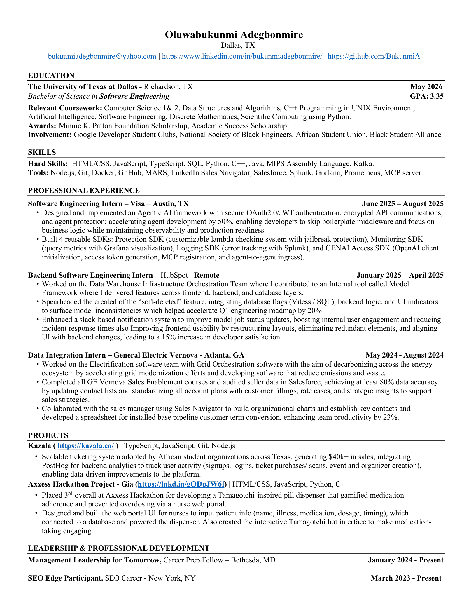 Résumé for Oluwabukunmi Adegbonmire: UT Dallas BS Software Engineering, internships at Visa, HubSpot and GE Vernova, the Kazala and Axxess Hackathon projects, and leadership programmes.