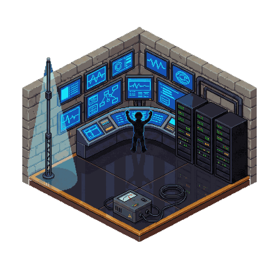 Isometric cutaway of a testing laboratory: walls of glowing blue dashboards, a technician at a curved console, server racks, and an antenna casting light across the floor.