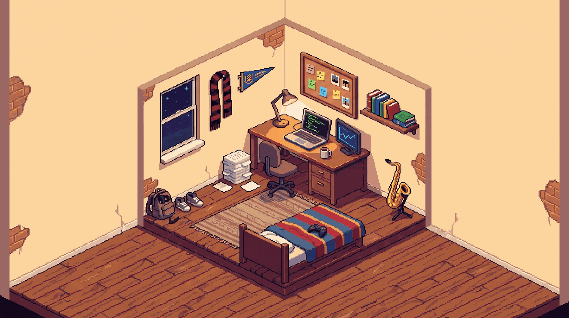 Isometric cutaway of a student room at night: a desk with a laptop showing green code and a second monitor, a desk lamp, a stack of paper, a corkboard of pinned notes, textbooks on a shelf, a saxophone on a stand, a controller on the bed, and a scarf and pennant on the wall by a starlit window.