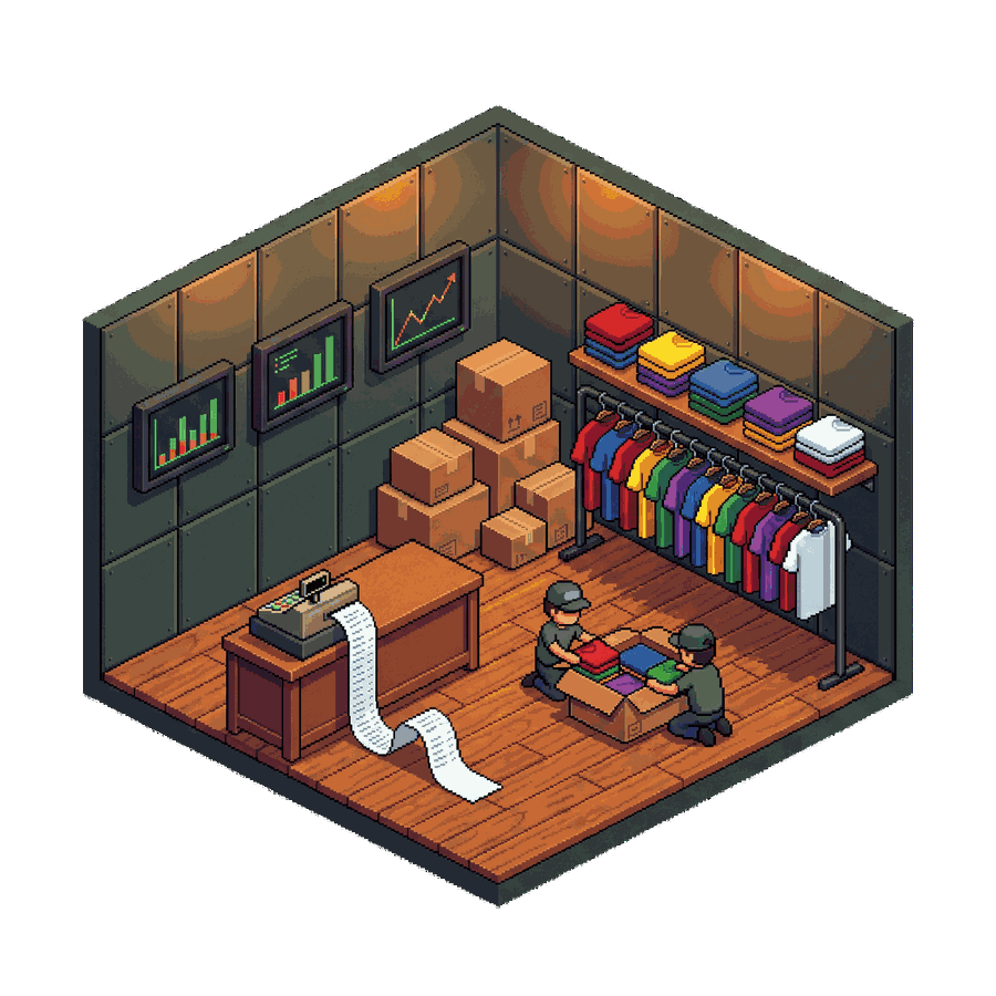 Isometric cutaway of an apparel stockroom: margin charts on the wall, a rail of coloured shirts, stacked shipping boxes, and a till printing a long receipt onto the floor.