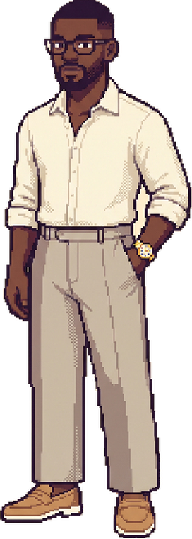 Pixel-art portrait of Bukunmi Adegbonmire standing in a linen shirt and tailored trousers.